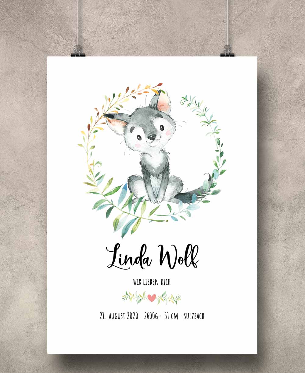 Geburtsposter Geburtsdaten Geburtsanzeige Motiv: Wolf (personalisiert) Kunstdruck mit Namen A4 & A3 PDF Baby-Geschenk