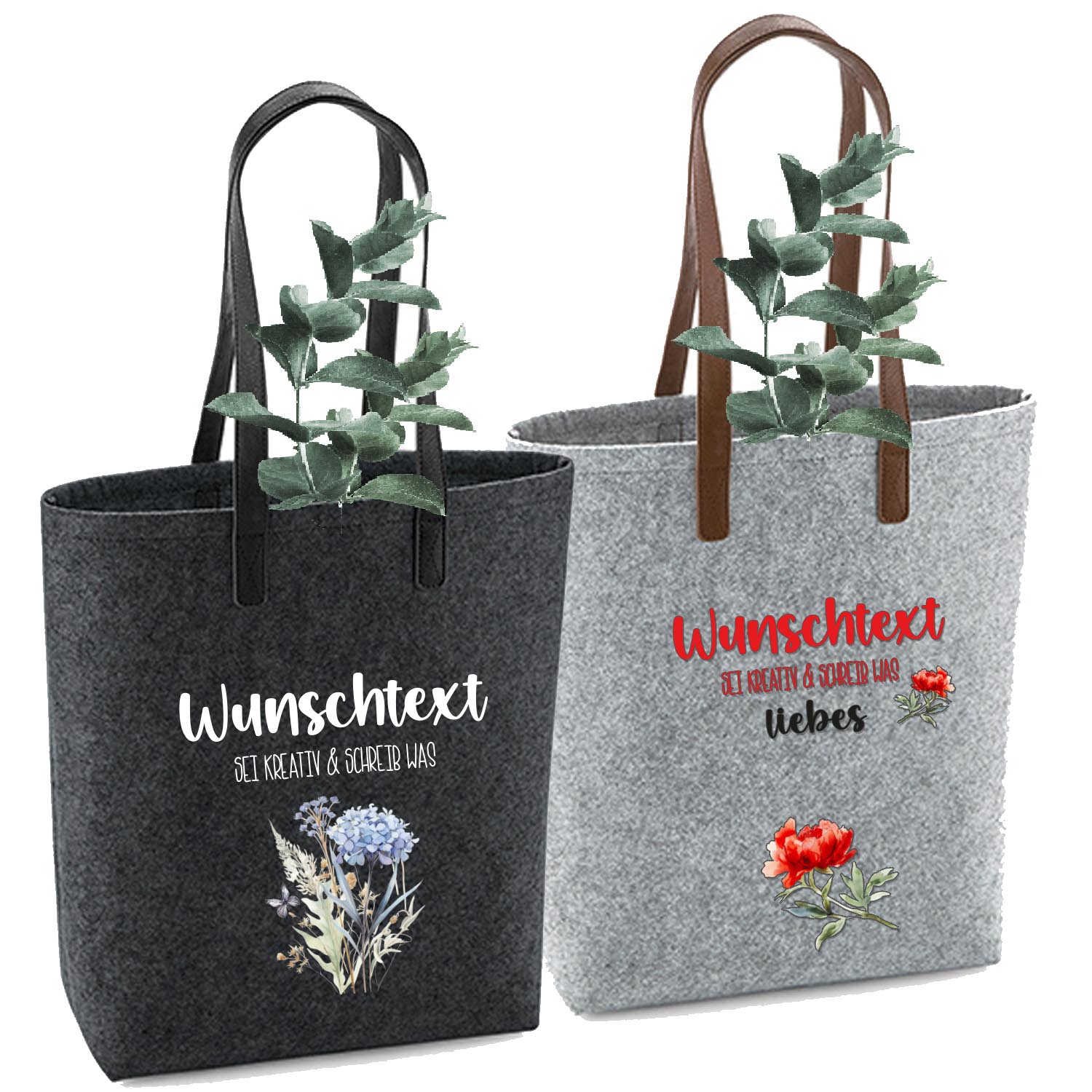 Schmale Filztasche PU Ledergriffe Stick & Druck "Wunschtext" | Einkaufstasche Shopper dunkelgrau & hellgrau