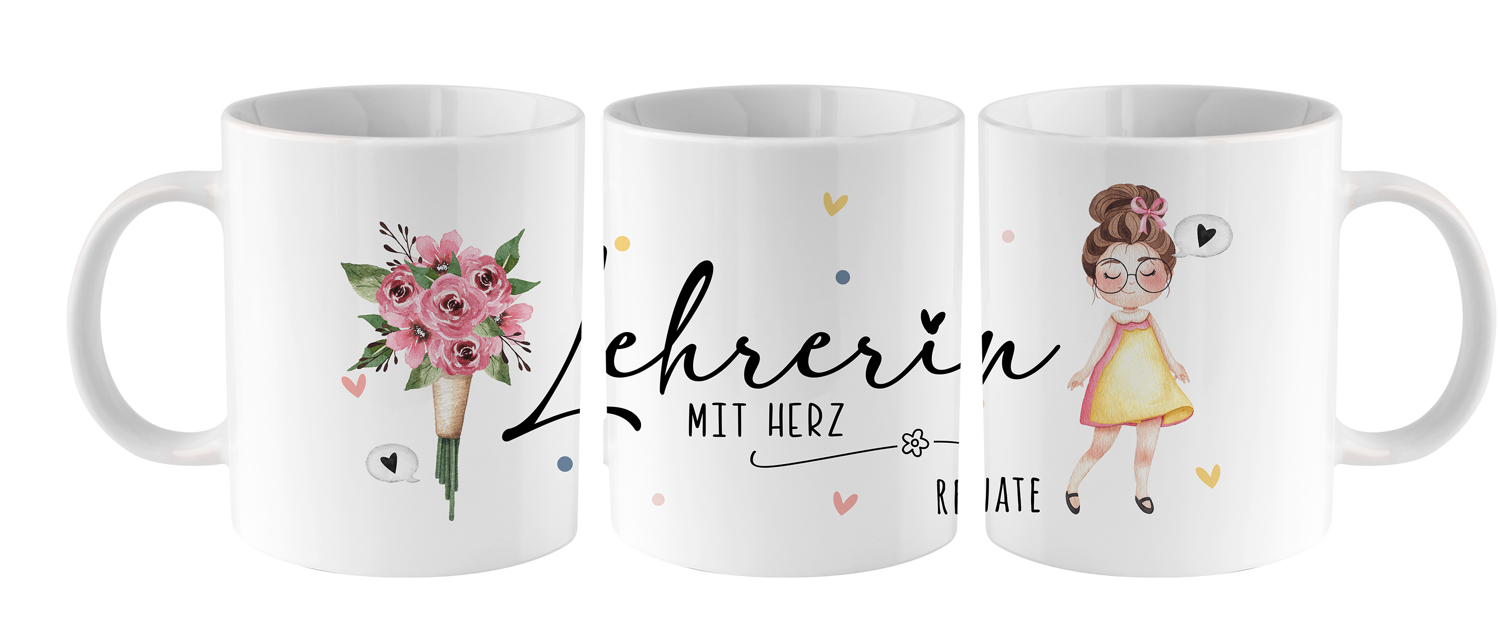 Mottotasse Kaffeetasse Lehrerin mit Herz und personalisiertem Namen