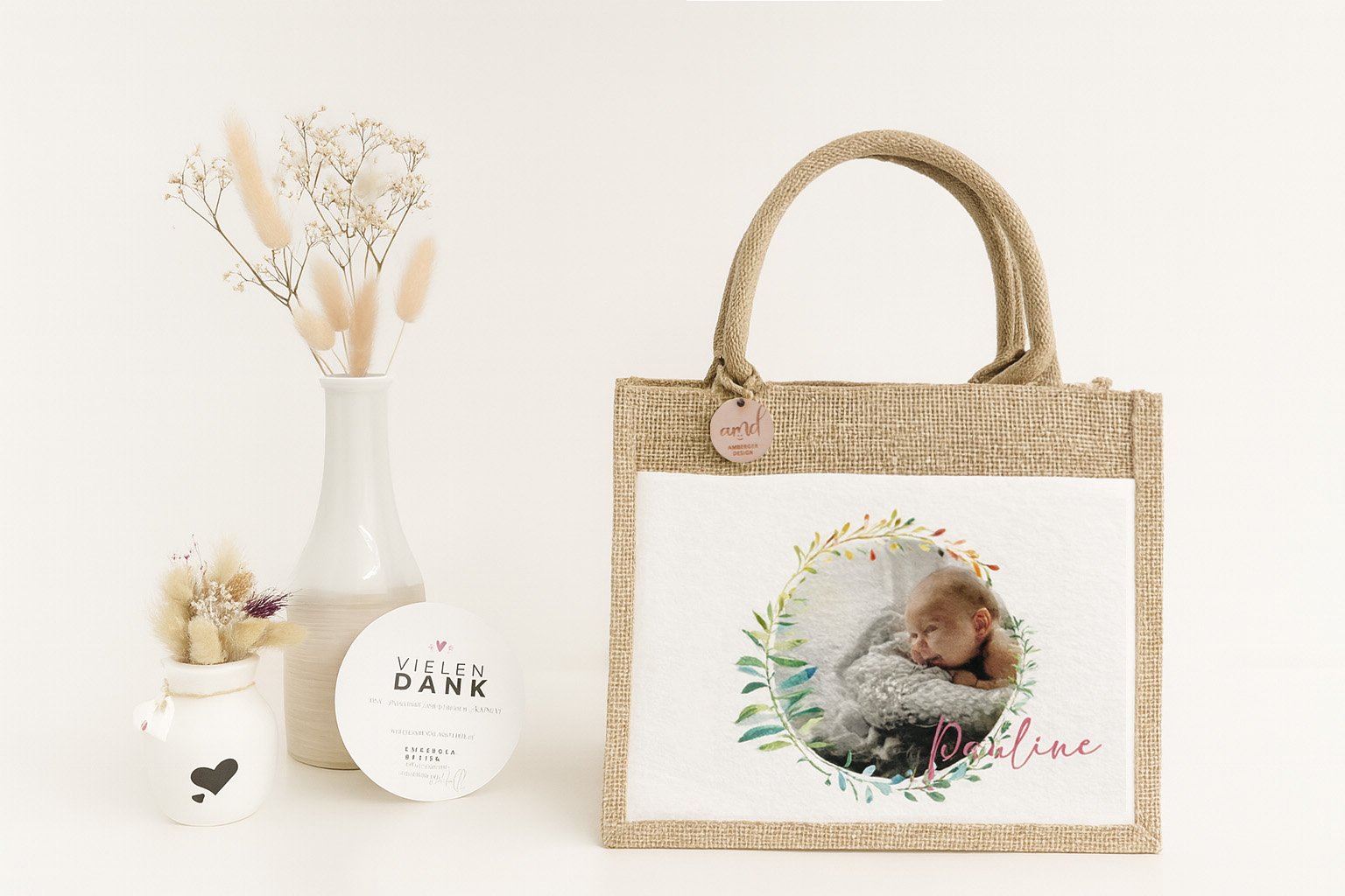  Personalisierte Jutetasche Foto & Wunschtext "Motiv Foto Neugeboren " Geschenk-Tasche individuellem Foto