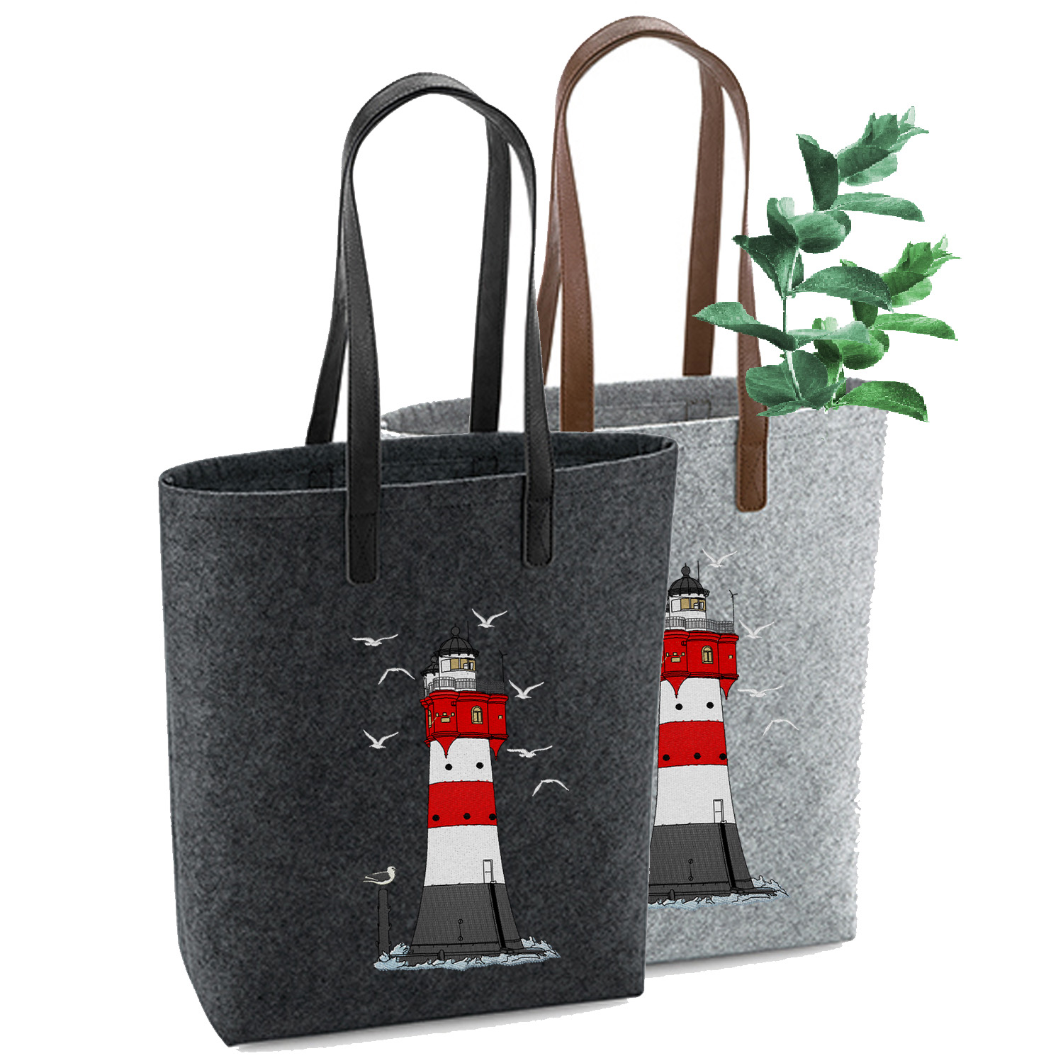 Schmale Filztasche in Grautönen - PU-Griffe - Bestickt Motiv: Leuchtturm Roter Sand 