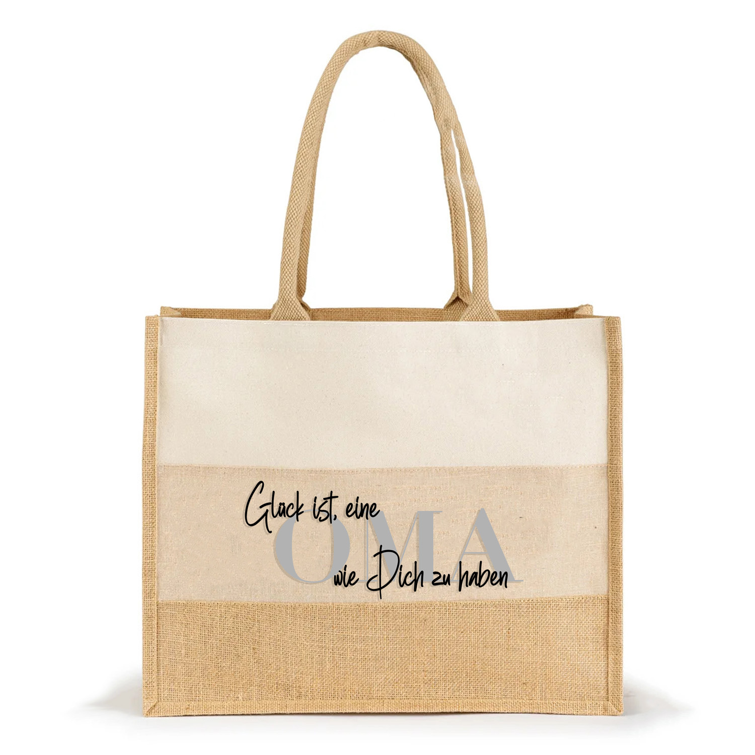 Jute-Tasche 3 farbig Shopper Motiv: Glück ist eine Oma wie dich zuhaben | personalisiert Innentasche-Reißverschluss | Fair | hochwertig Größe 35x42x15cm 