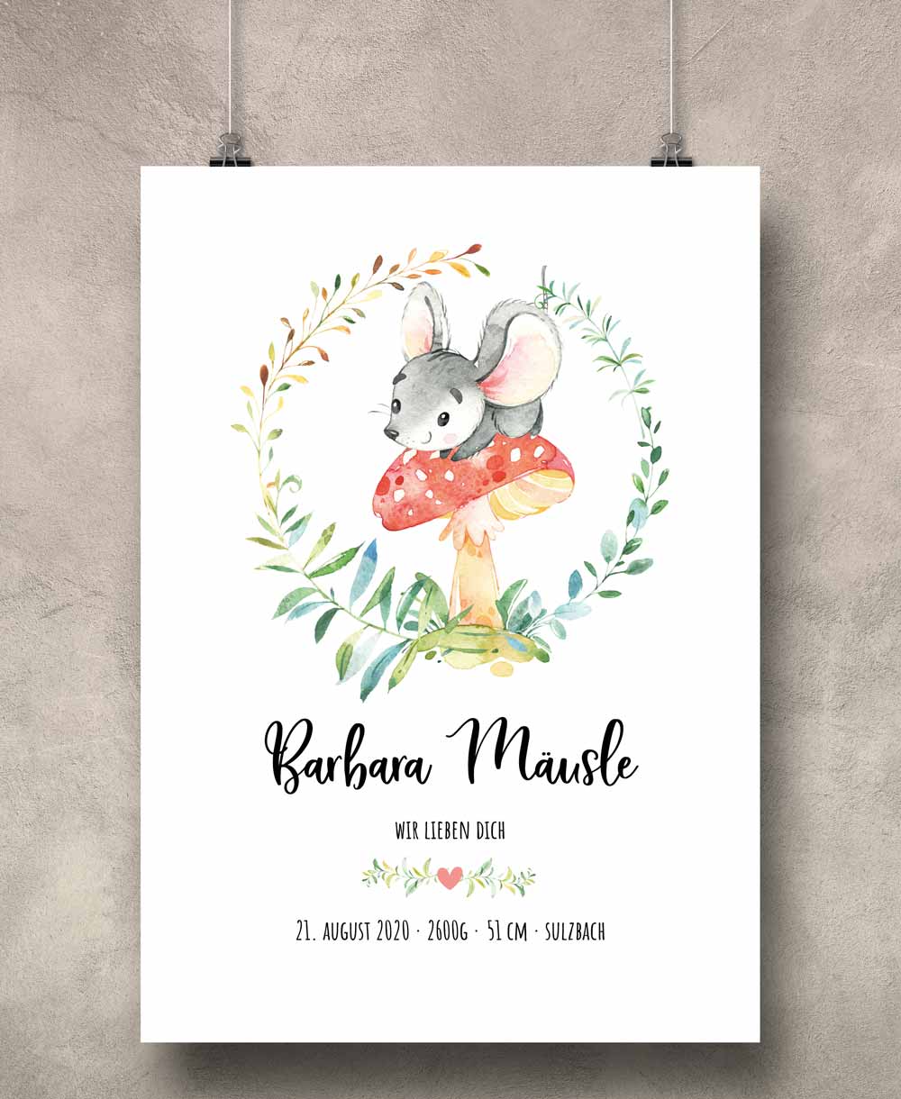 Geburtsposter Geburtsdaten Geburtsanzeige Motiv: Maus (personalisiert) Kunstdruck mit Namen A4 & A3 PDF Baby-Geschenk