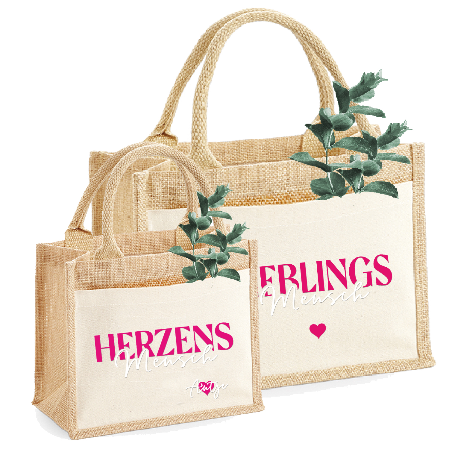 Kleine Jute-Tasche Herzensmensch personalisiert | Geschenktasche Herzen | Größe S & M 