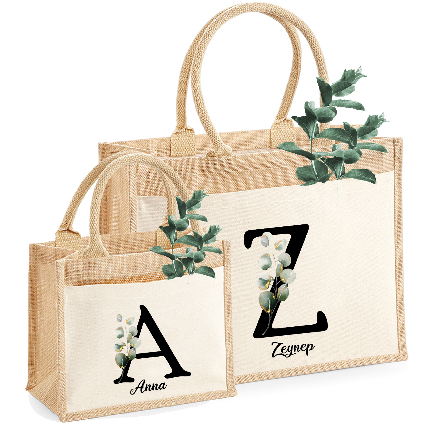  Jute-Tasche Motiv: Initial mit Wunschname und Eukalyptusblatt | Größe S & M 