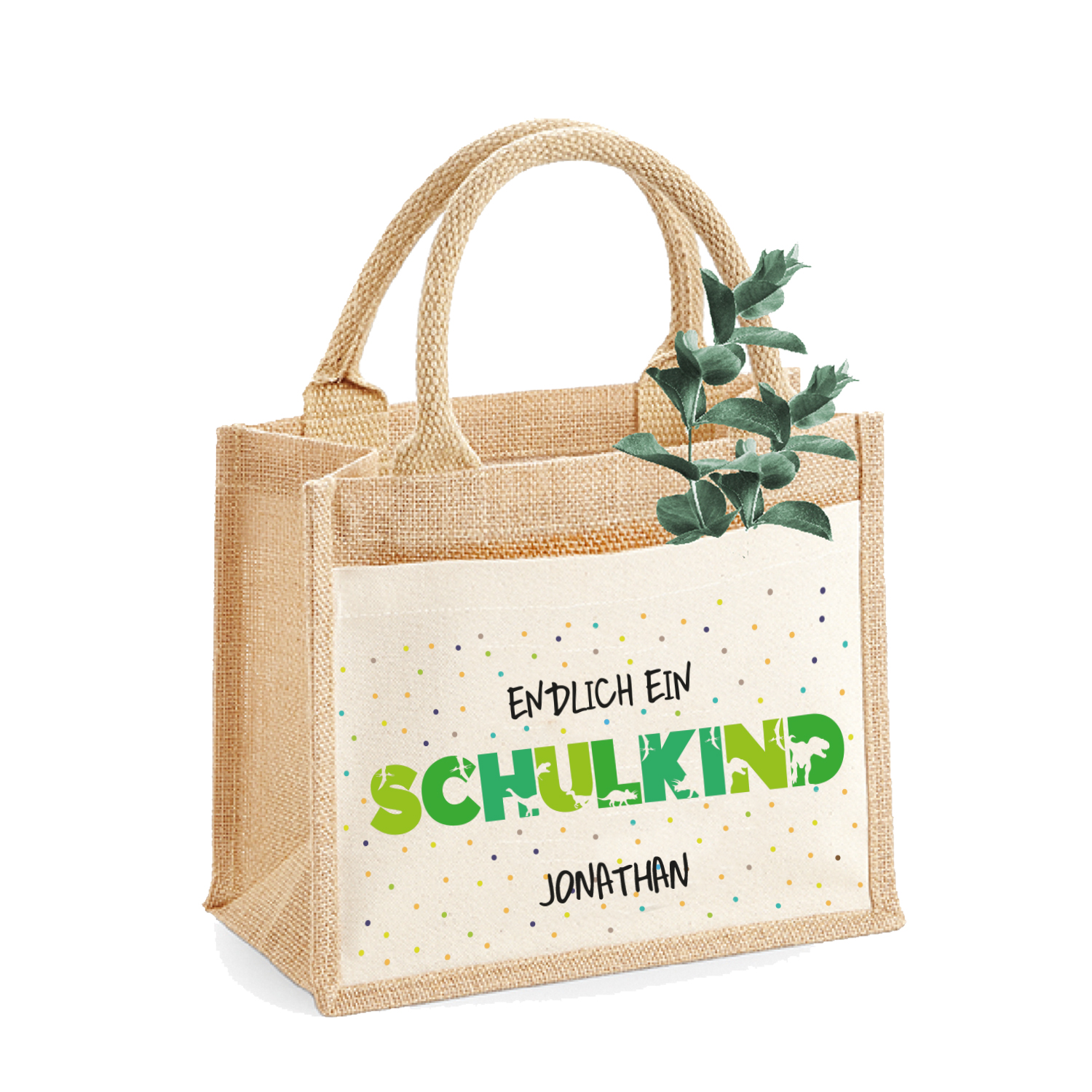 Tasche Schulanfang Motiv Dinosaurier | Jute-Beutel Kinder personalisiert | Größe S Geschenk Einschulung