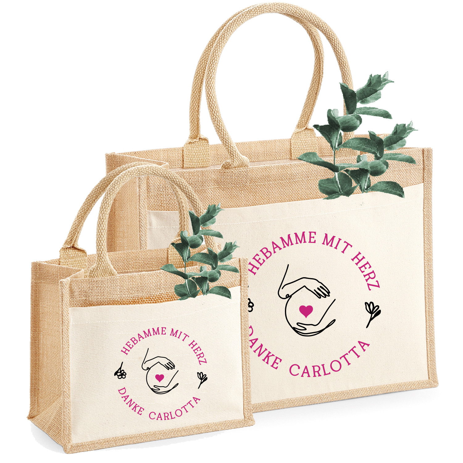  Jute-Tasche Motiv: „Hebamme mit Herz“ personalisiert | Größe S & M 