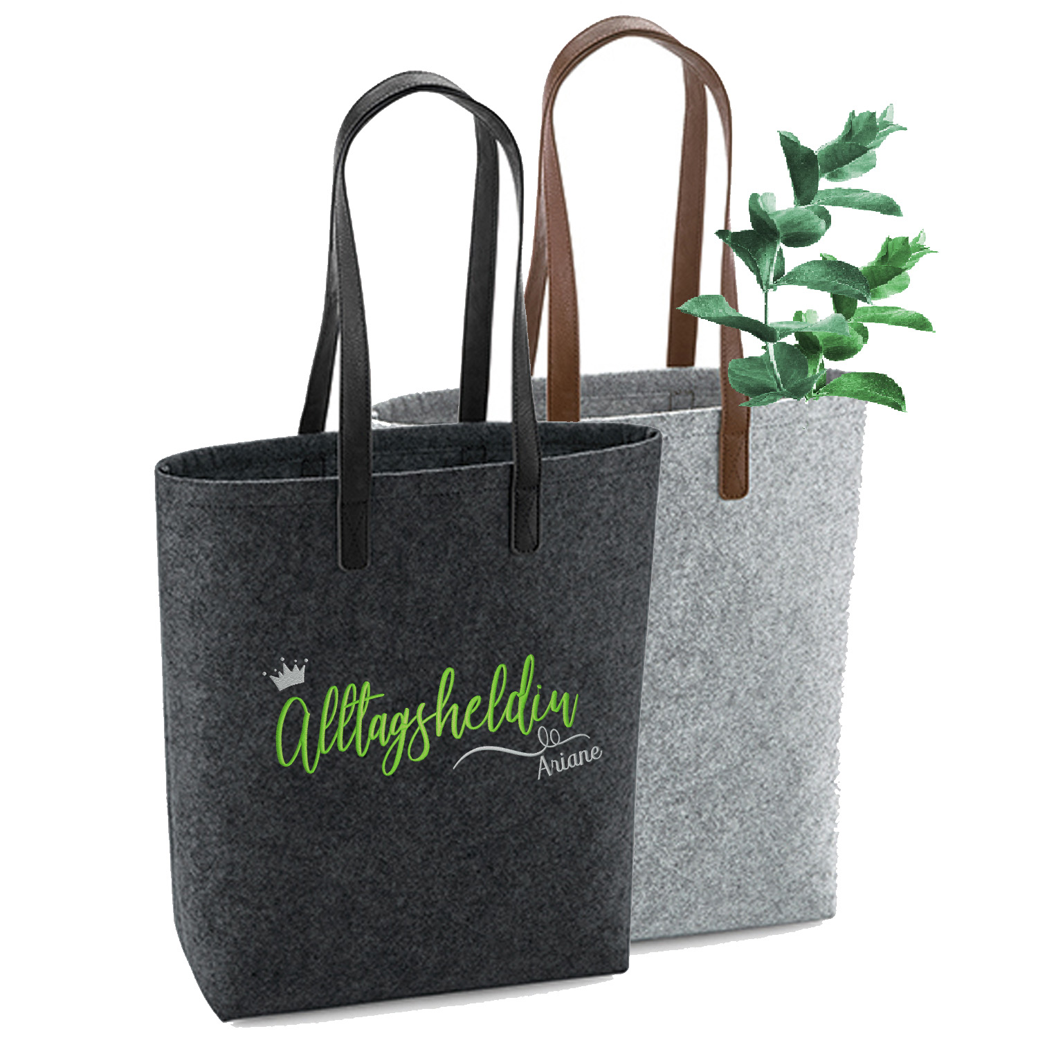 Filztasche Grau - Bestickt Alltagsheldin - personalisiert