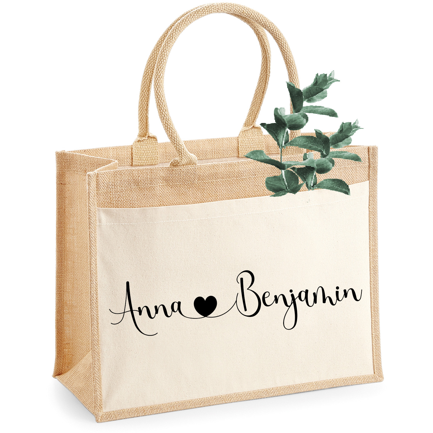 Jute-Tasche Namen & Herz Hochzeitstasche personalisiert | Größe M