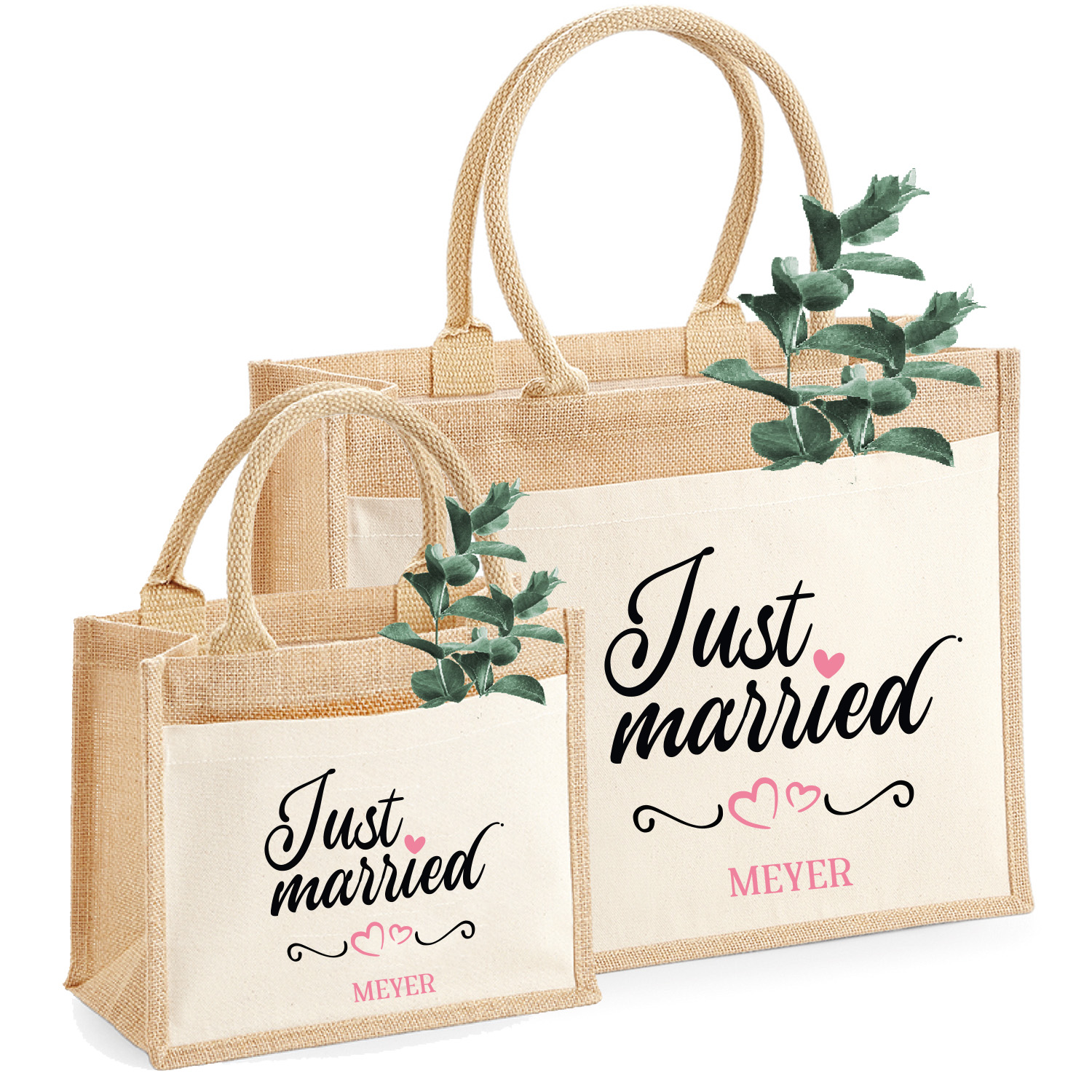 Personalisierte Jute-Tasche "Just Married" Wunschname Personalisierbares Geschenk für Brautpaare Hochzeit & JGA