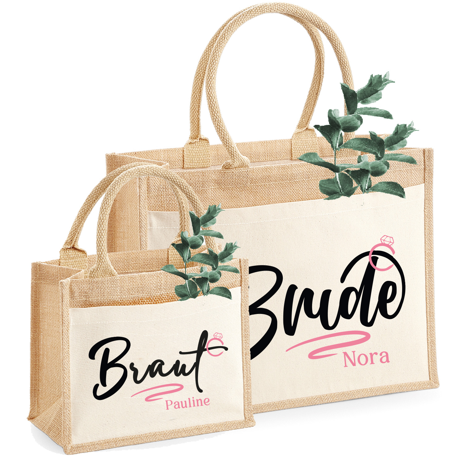 Personalisierte Jute-Tasche "Braut od. Bride" Wunschname Personalisierbares Geschenk für Brautpaare Hochzeit & JGA