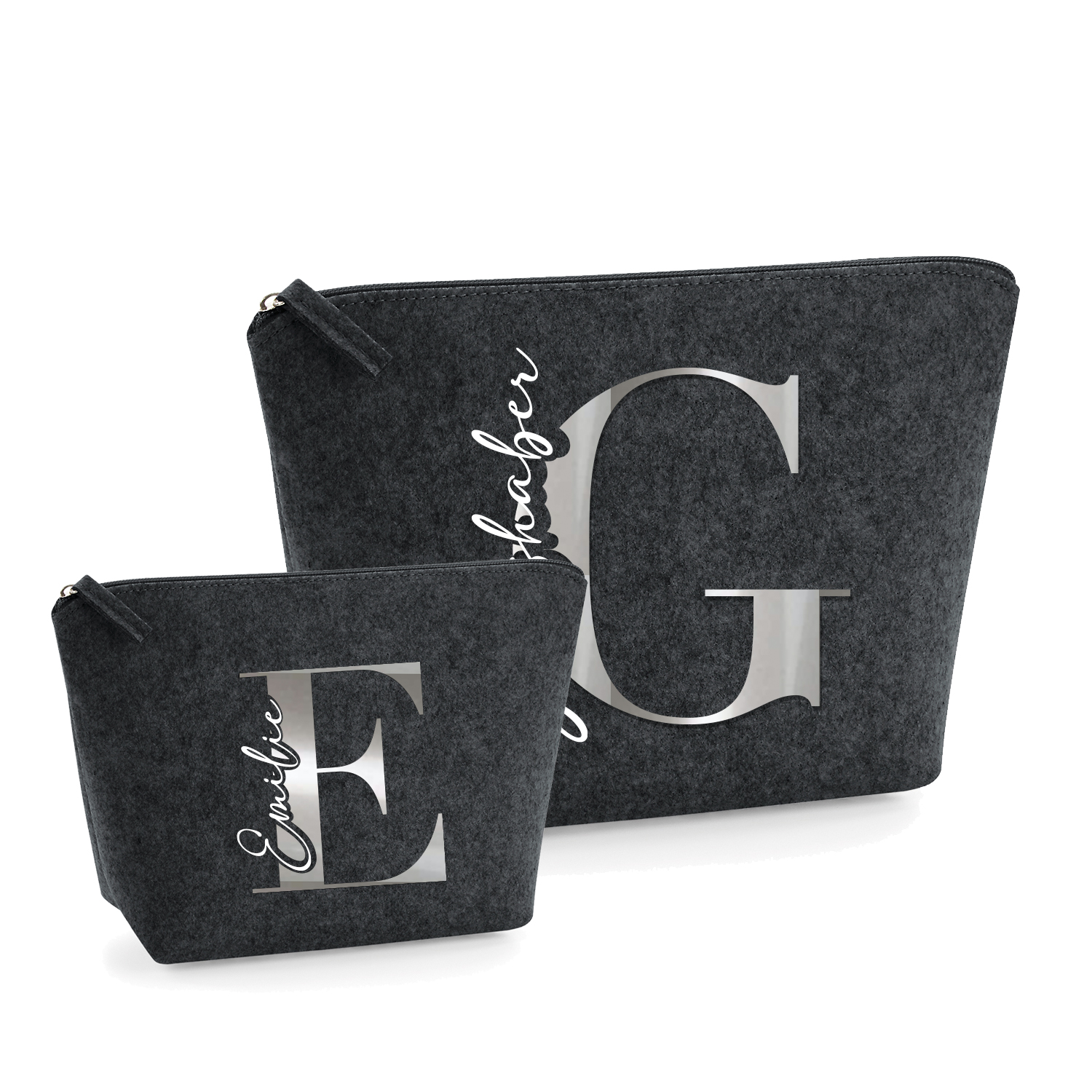 Kosmetiktasche Filz - bedruckt Bruch-Initial & Name dunkelgrau | Beutel-mit-Name | Schminktasche-Mädchen Gr. S&M