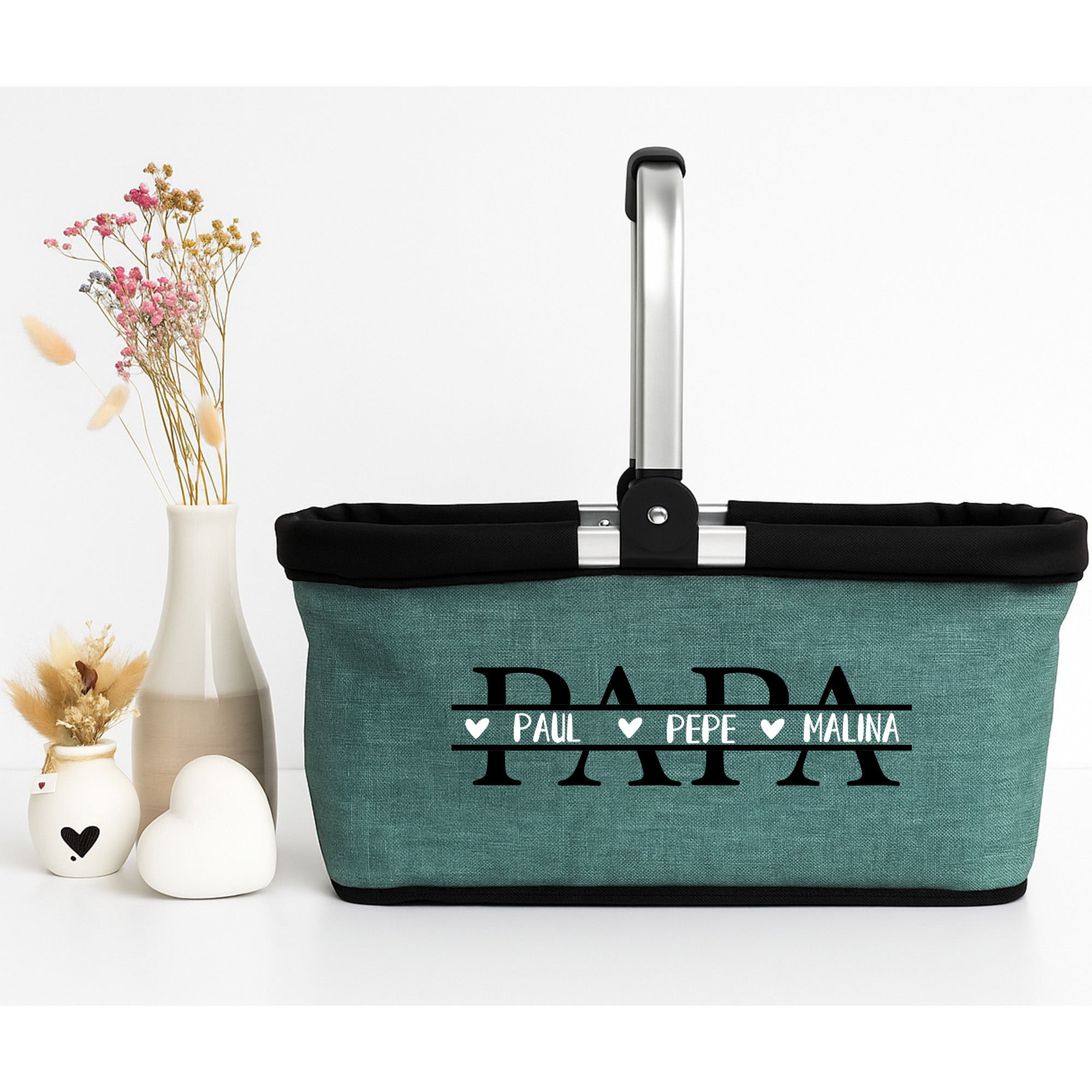 Personalisierter Einkaufskorb PAPA mit Namen – Geschenk für Papas Tragekorb Picknickkorb faltbar 20L 