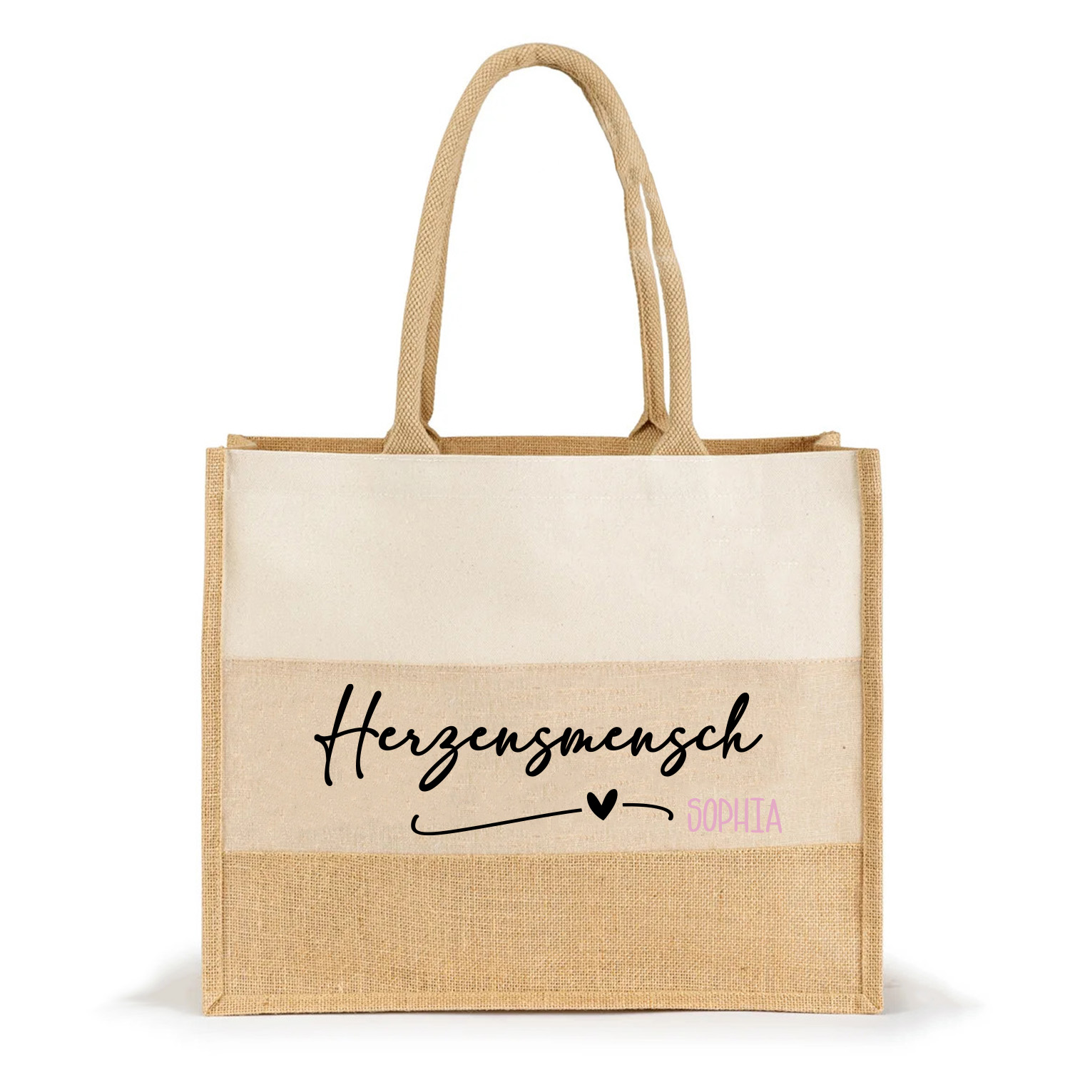 Jute-Tasche 3 farbig Shopper Motiv: Herzensmensch | personalisiert Innentasche-Reißverschluss | Fair | hochwertig Größe 35x42x15cm 
