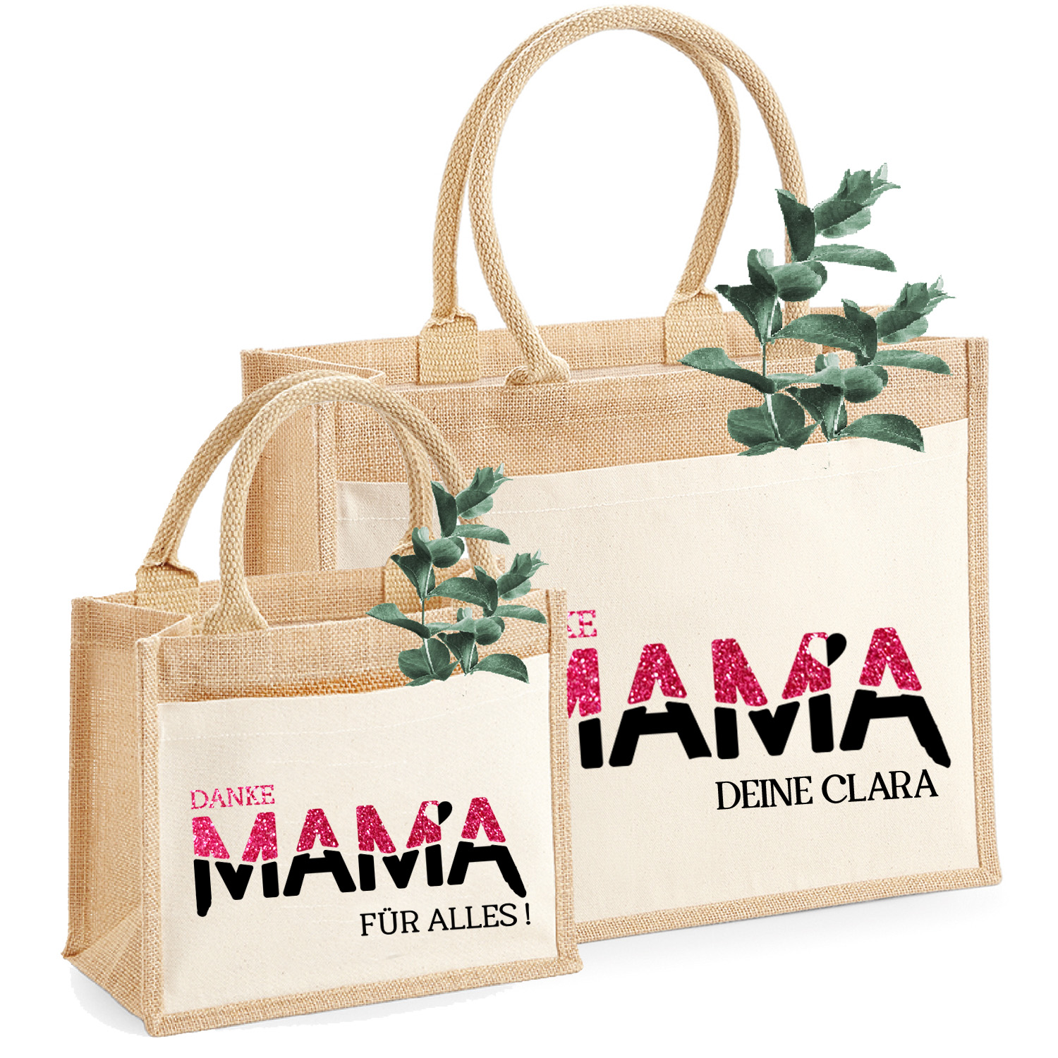  Jute-Tasche Motiv: DANKE-Mama mit Wunschtext | Größe S & M 