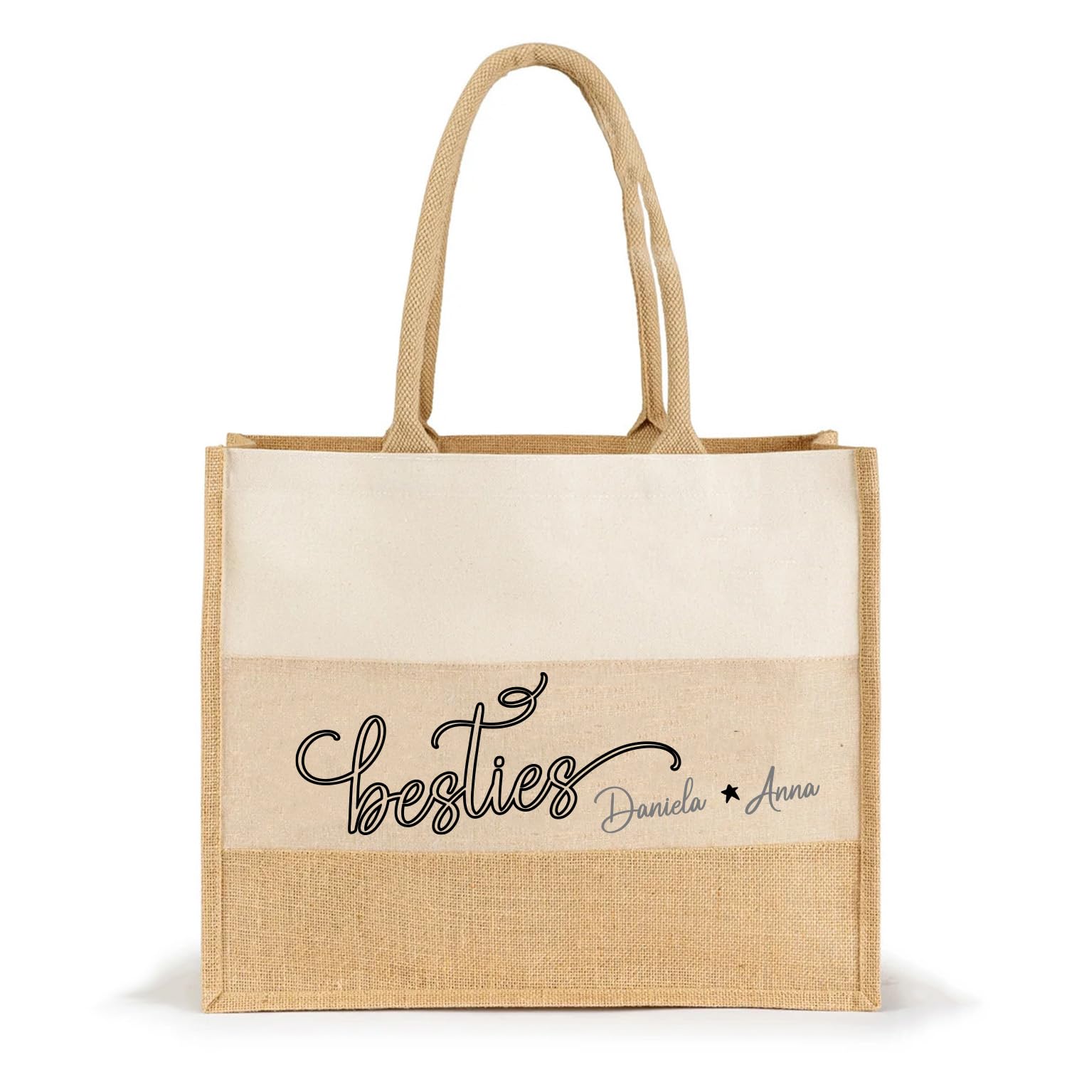 Jute-Tasche 3 farbig Shopper Motiv: Besties-Namen Freunde | personalisiert Innentasche-Reißverschluss | Fair | hochwertig Größe 35x42x15cm