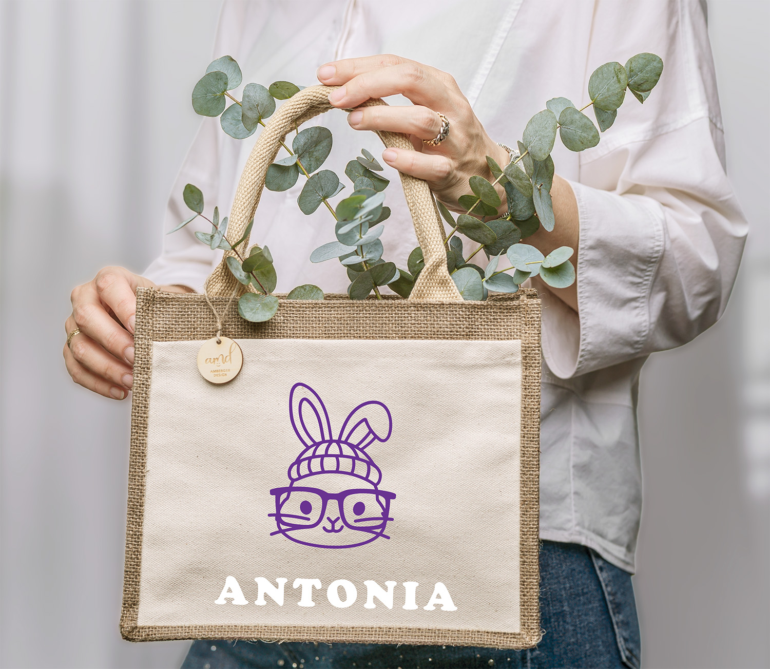 Personalisierte Ostertasche mit Osterhasen Mütze & Name – Jute Tasche Kinder für Ostereiersuch