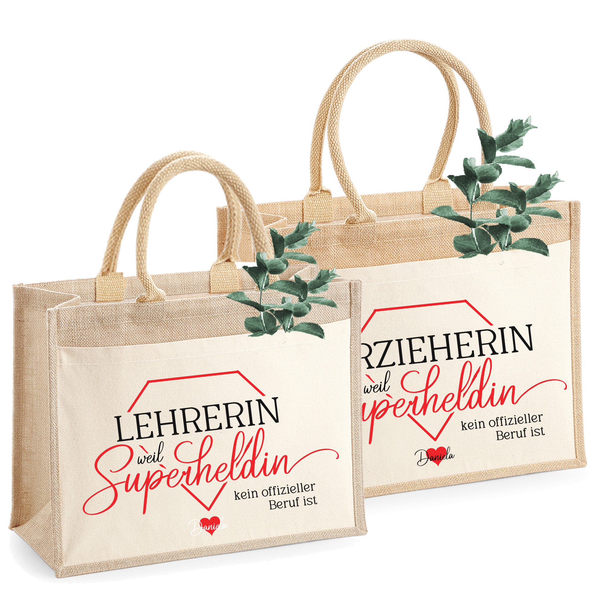 Personalisierte Jutetasche Lehrerin/Erzieherin – Superheldin Design – Geschenk Abschied Kollegin Schule Kindergarten – Danke sagen mit Herz 