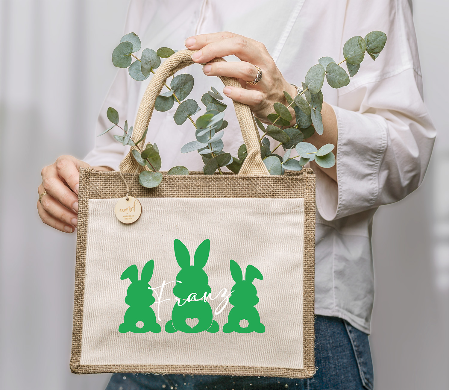 Personalisierte Ostertasche mit 3 Hasen & Name – Jute Tasche Kinder für Ostereiersuche