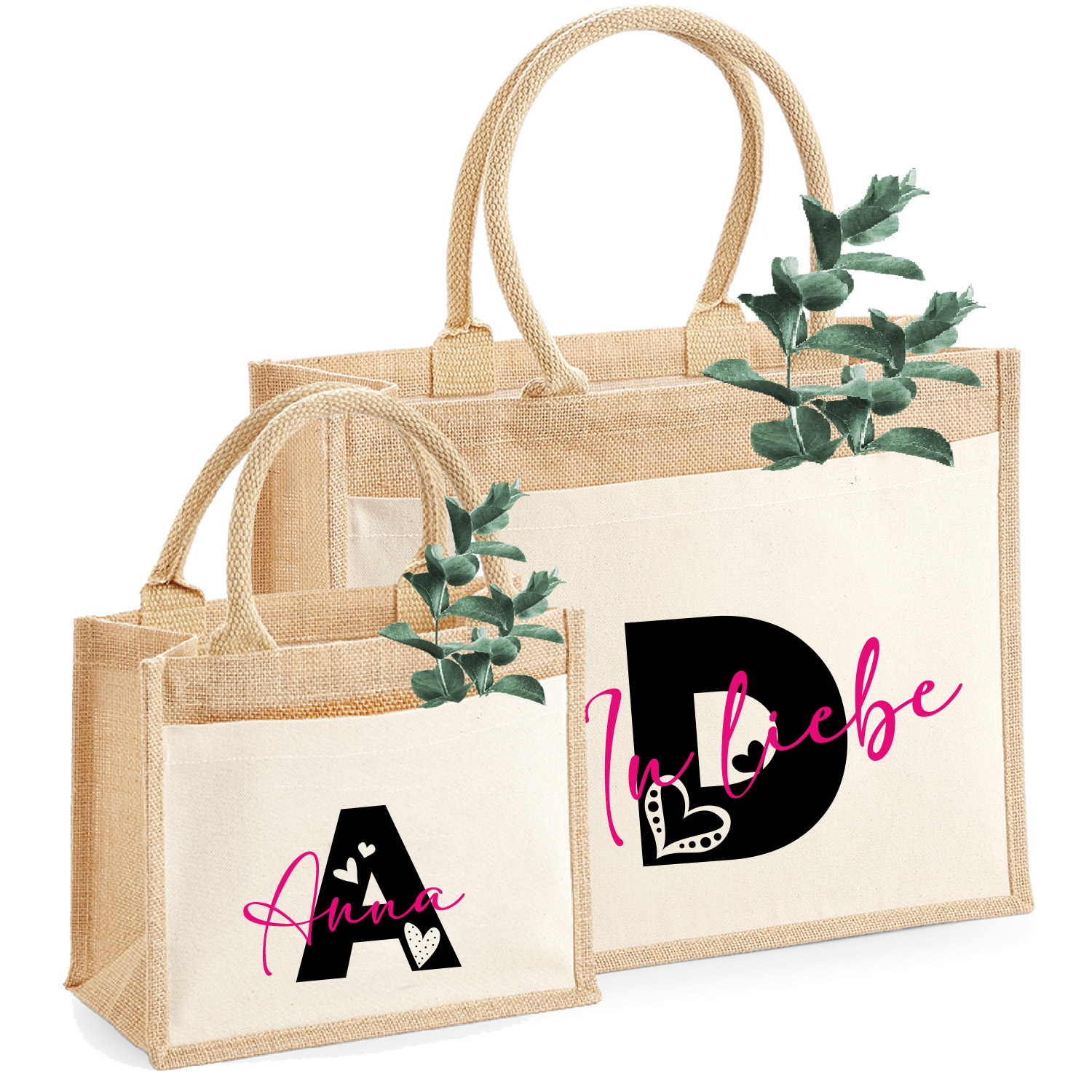  Jute-Tasche Motiv: Valentin Geschenk-Tasche Initial Herzen Wunschname personalisiert | Größe S & M 