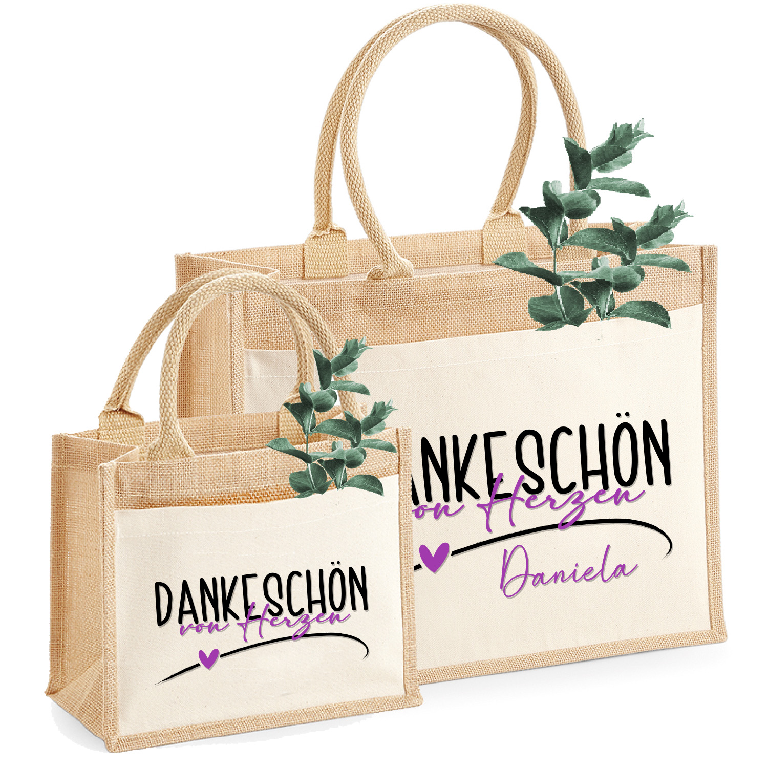 Jute-Tasche Dankeschön von Herzen Name personalisiert | Jute-Beutel Nachhaltig | Größe S&M 