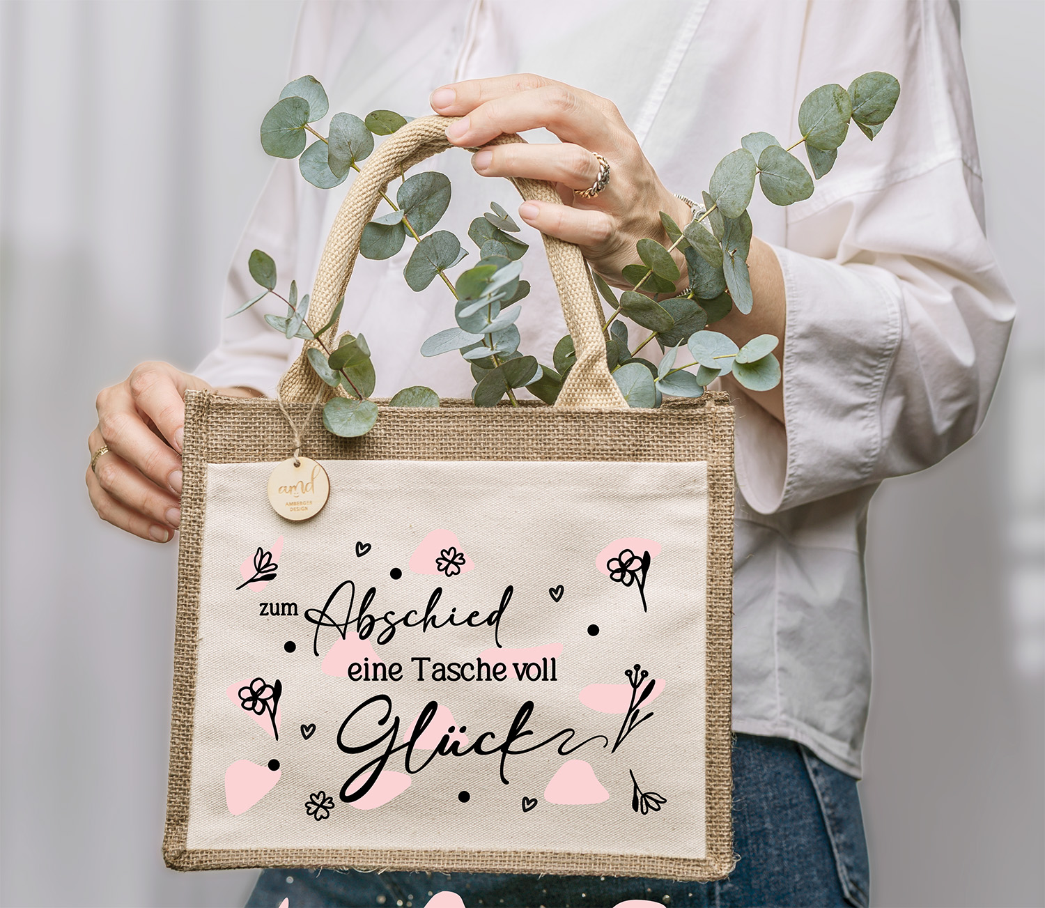 Jute-Tasche „Zum Abschied – eine Tasche voll Glück“ mit Wunschname