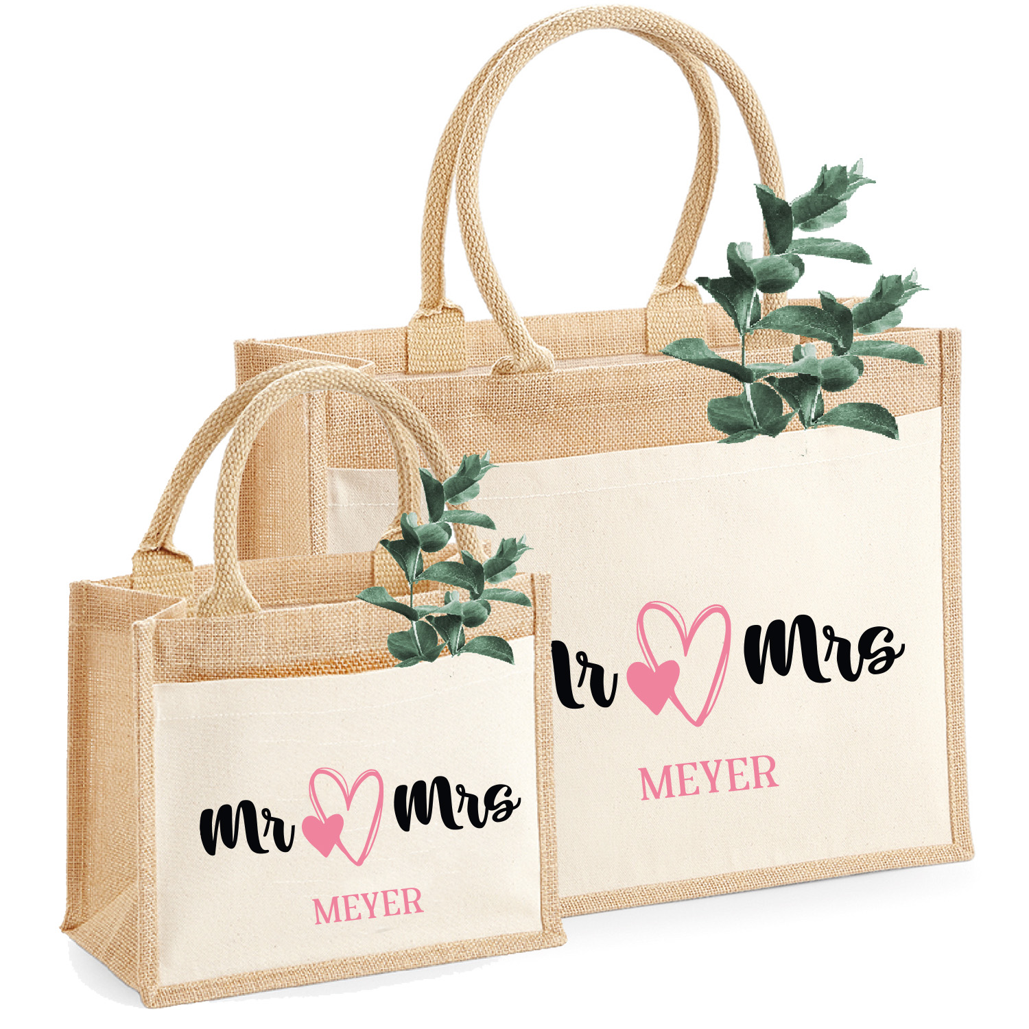 Personalisierte Jute-Tasche "Mr & Mrs" Herzen Wunschname Personalisierbares Geschenk für Brautpaare 