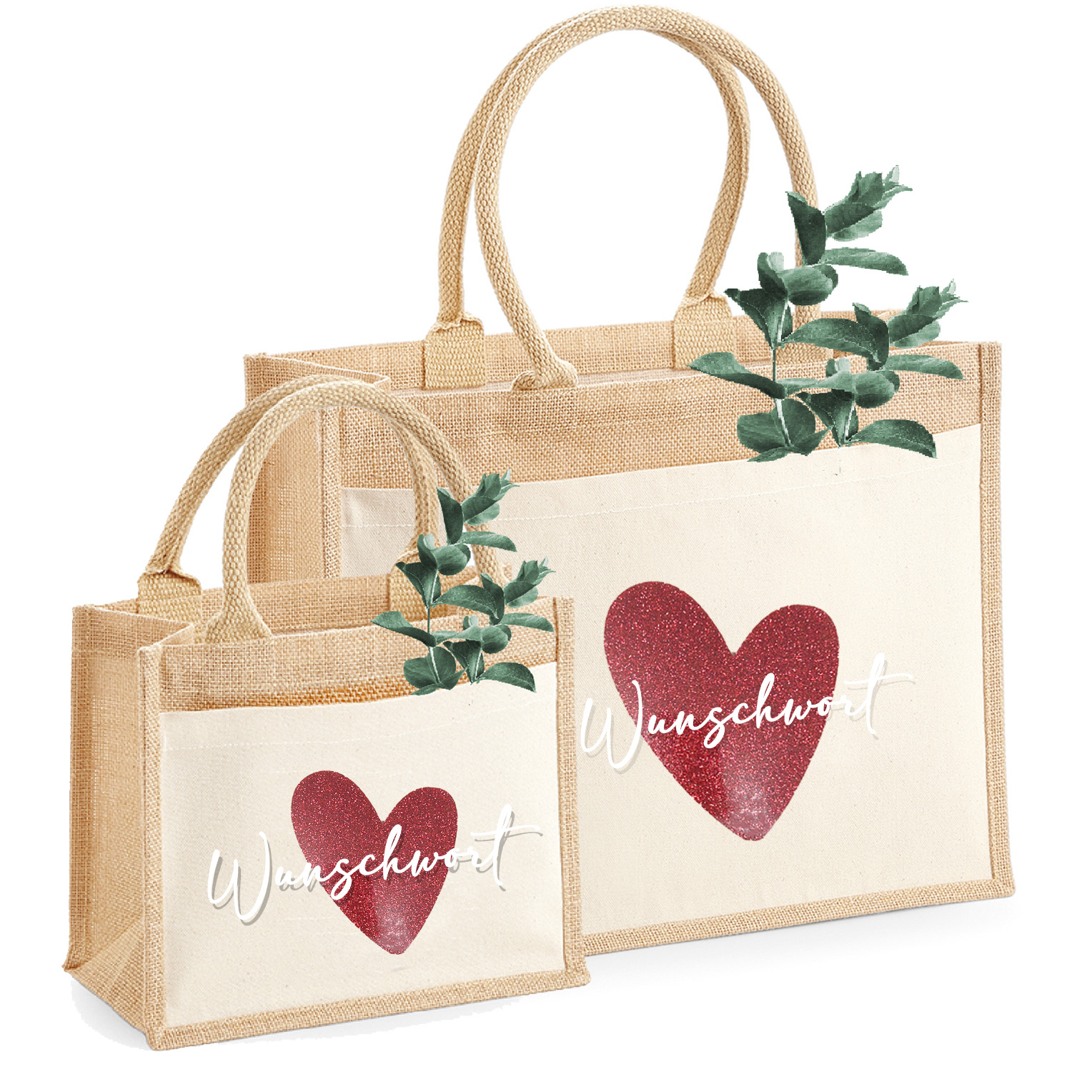  Jute-Tasche Motiv: Herz Glitzer mit Wunschwort personalisiert | Größe S & M Kopie