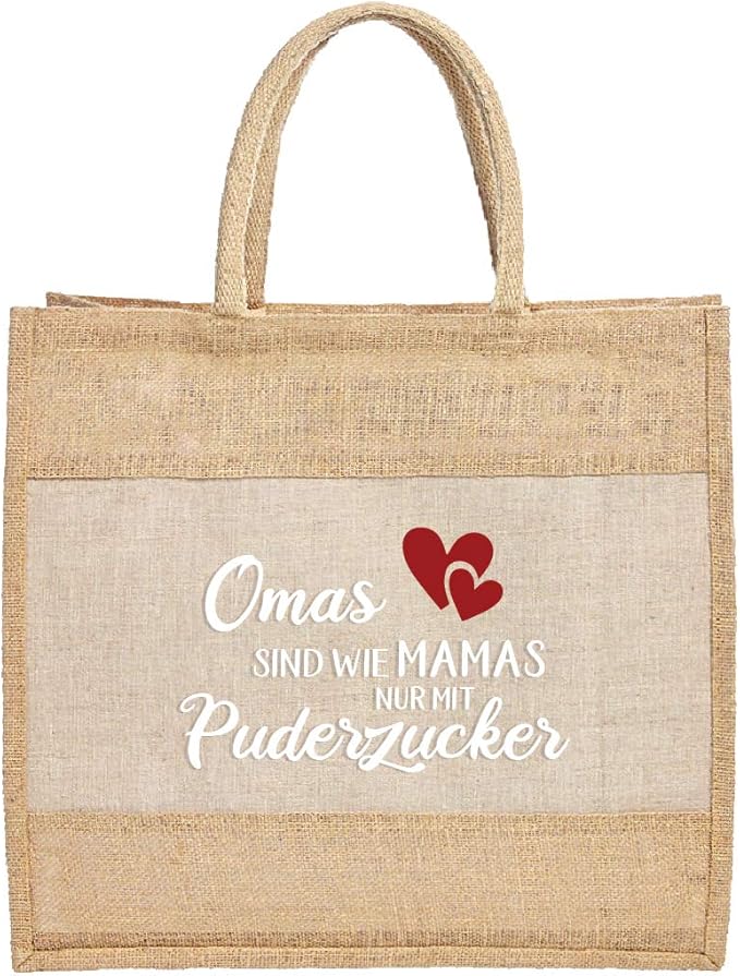 Jute-Tasche groß Shopper Motiv: Omas sind wie Mamas nur mit Puderzucker | Innentasche-Reißverschluss | PVC-Frei | hochwertig