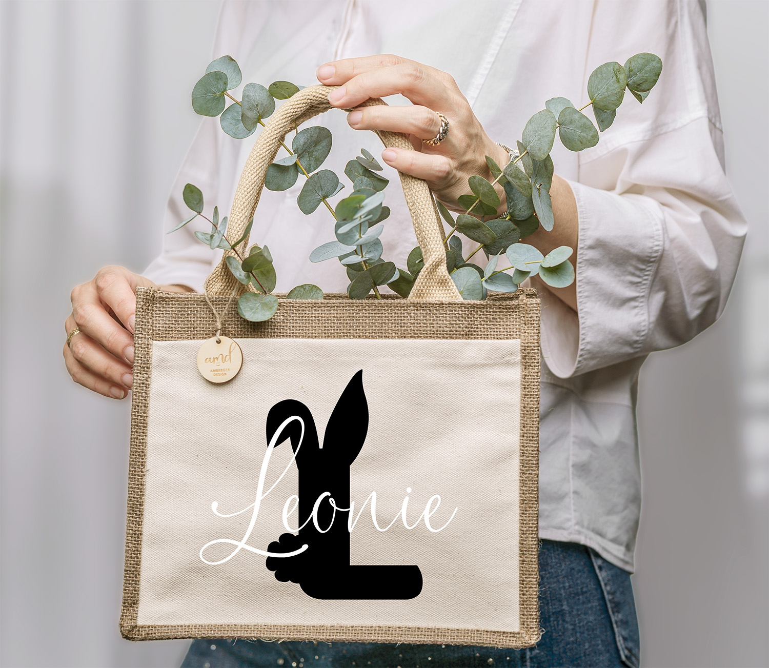 Personalisierte Ostertasche mit Initiale, Hase & Name – Jute Tasche Kinder