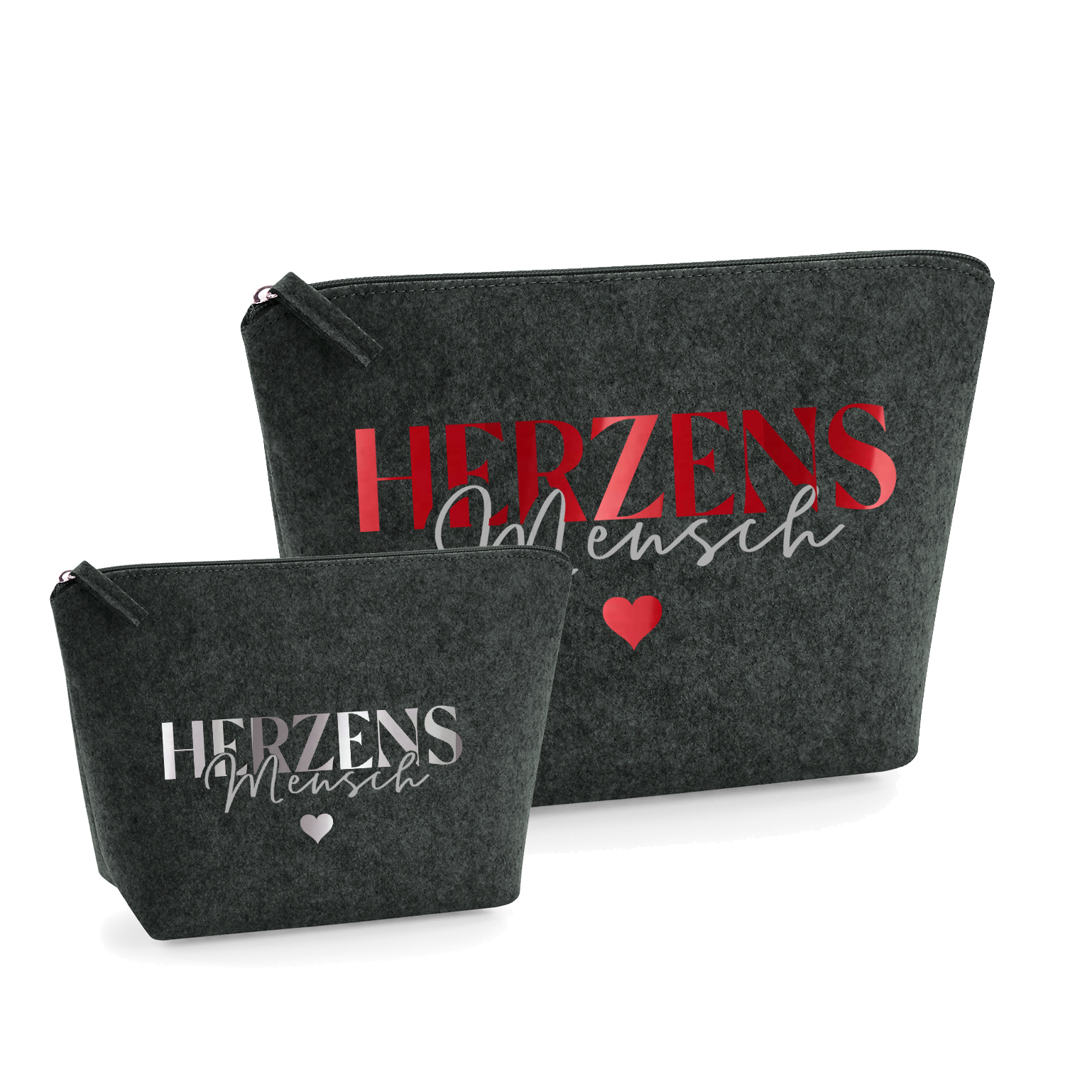 Kulturbeutel Filz "Herzensmensch" Geschenk-Tasche Personalisiert mit Wunschwort | Lieblingsmensch | Reißverschluss Größe S & M