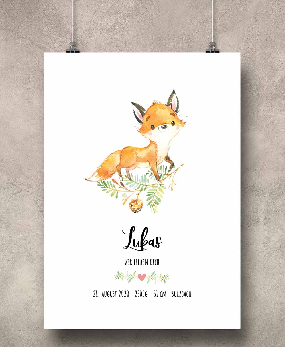 Geburtsposter Geburtsdaten Geburtsanzeige Motiv: Fuchs (personalisiert) Kunstdruck mit Namen A4 & A3 PDF Baby-Geschenk
