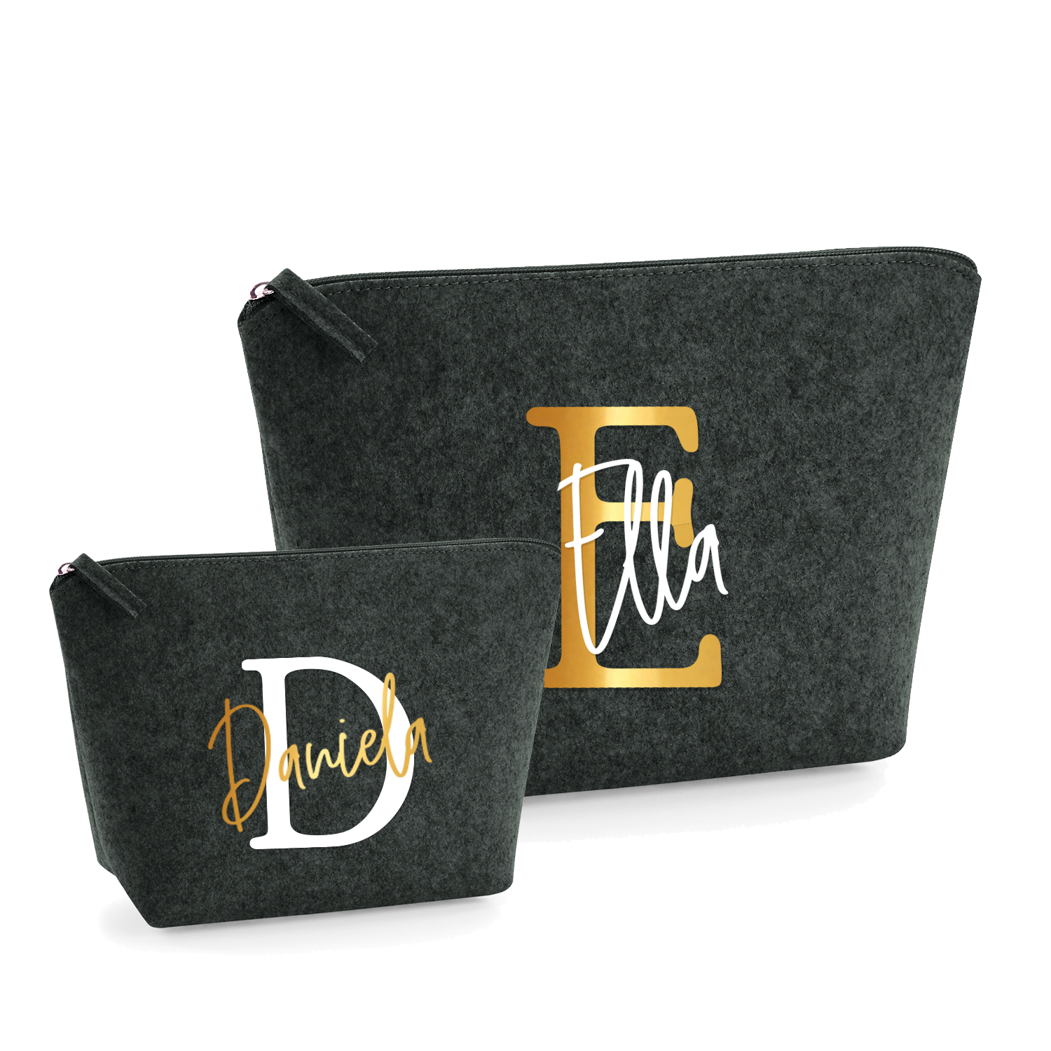 Kosmetiktasche Filz - bedruckt Initial & Name dunkelgrau | Beutel-mit-Name | Schminktasche-Mädchen