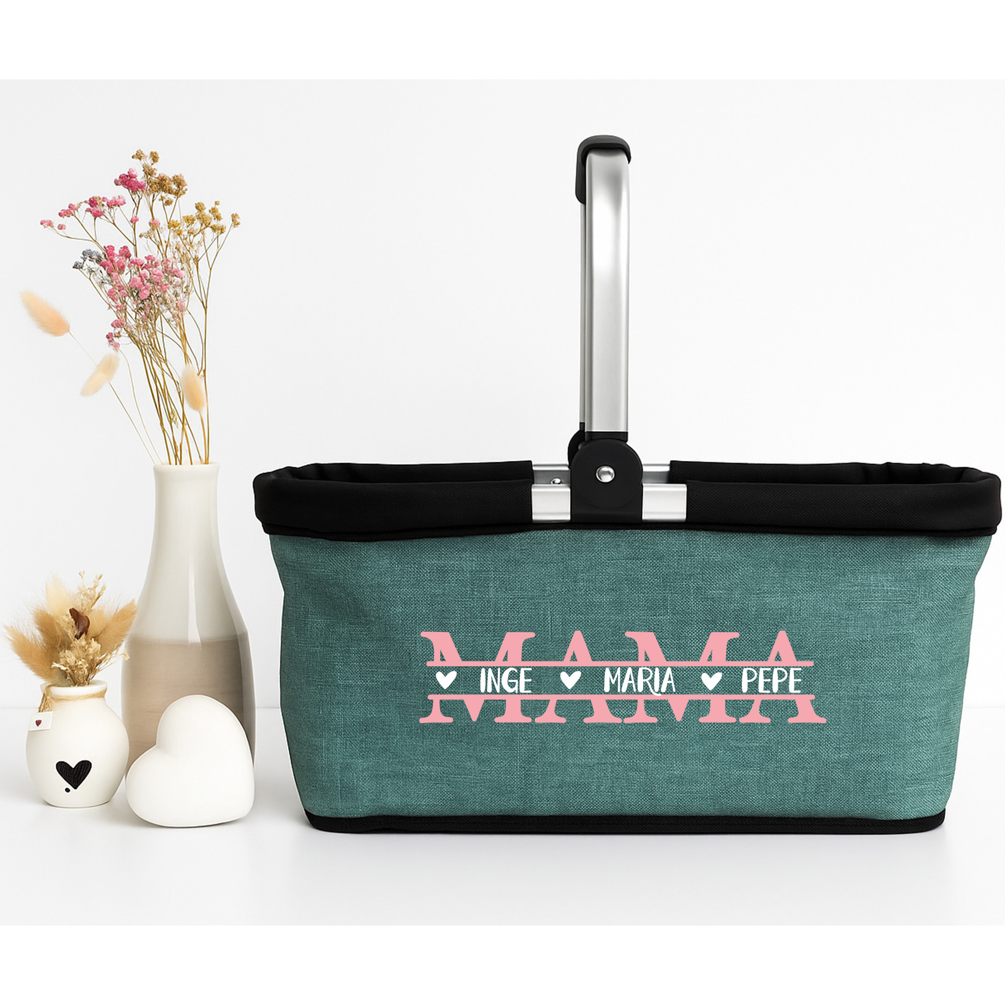 Personalisierter Einkaufskorb mit Namen – Geschenk für Mama & Oma – Tragekorb Picknickkorb faltbar 20L 