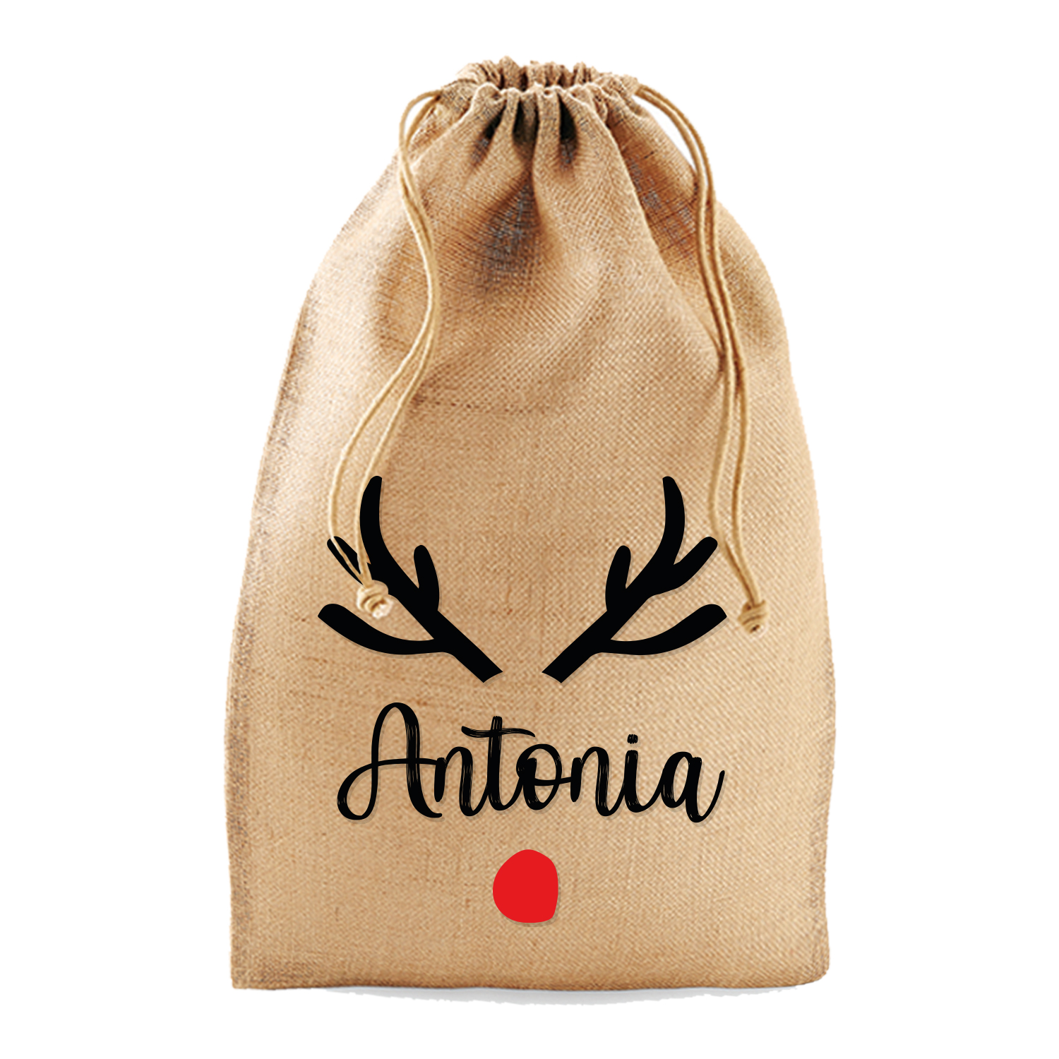 Jute-Nikolaussäckchen  Hirsch Geweih mit roter Nase und Wunschname | XS - L