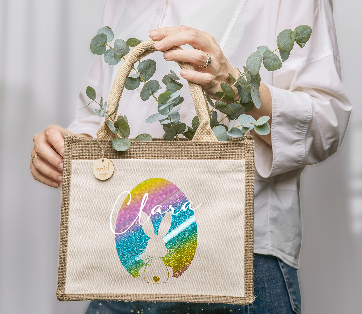 Personalisierte Ostertasche mit Osterei & Hasenmotiv – Jute Tasche mit Name für Kinder