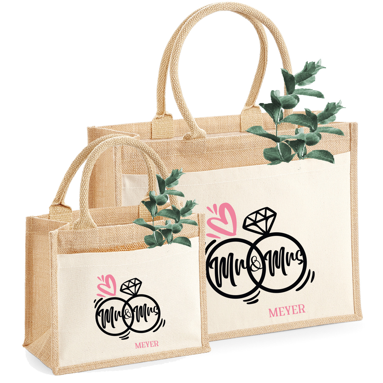 Personalisierte Jute-Tasche "Mr & Mrs Ring" Wunschname Personalisierbares Geschenk für Brautpaare Hochzeitsgeschenk