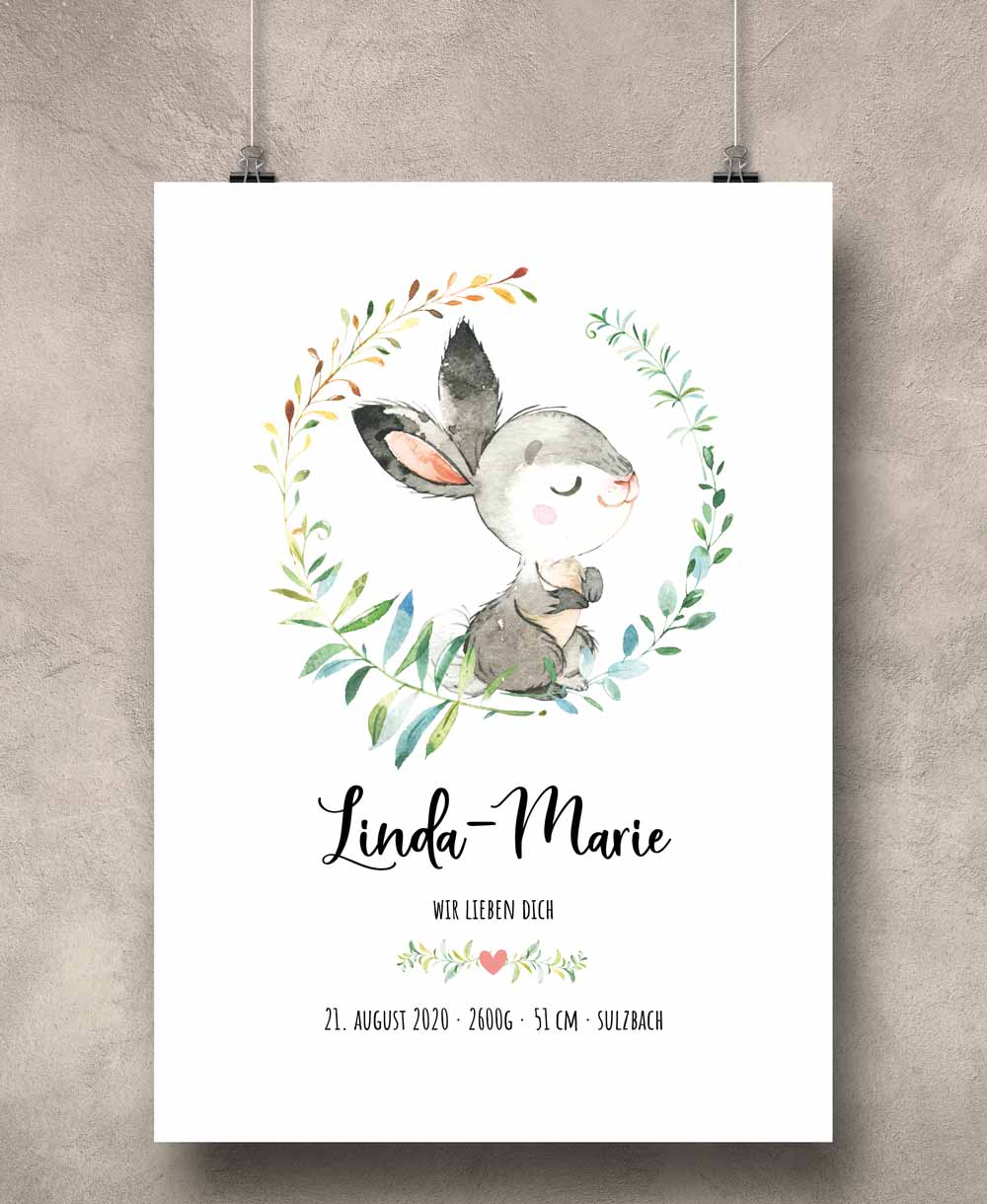 Geburtsposter Geburtsdaten Geburtsanzeige Motiv: Hase (personalisiert) Kunstdruck mit Namen  A4 & A3 PDF Baby-Geschenk