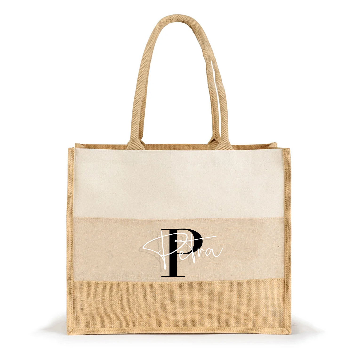 Jute-Tasche 3 farbig Shopper Motiv: Name initial | personalisiert Innentasche-Reißverschluss | Fair | hochwertig Größe 35x42x15cm