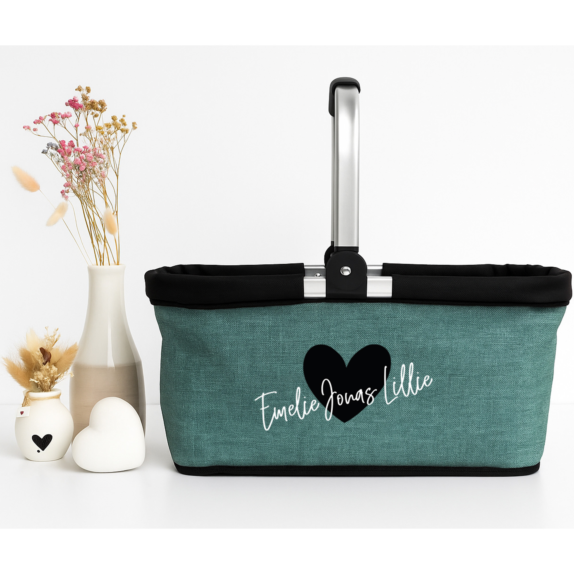 Personalisierter Einkaufskorb Herz mit Wunschname Tragekorb Picknickkorb faltbar 20L  