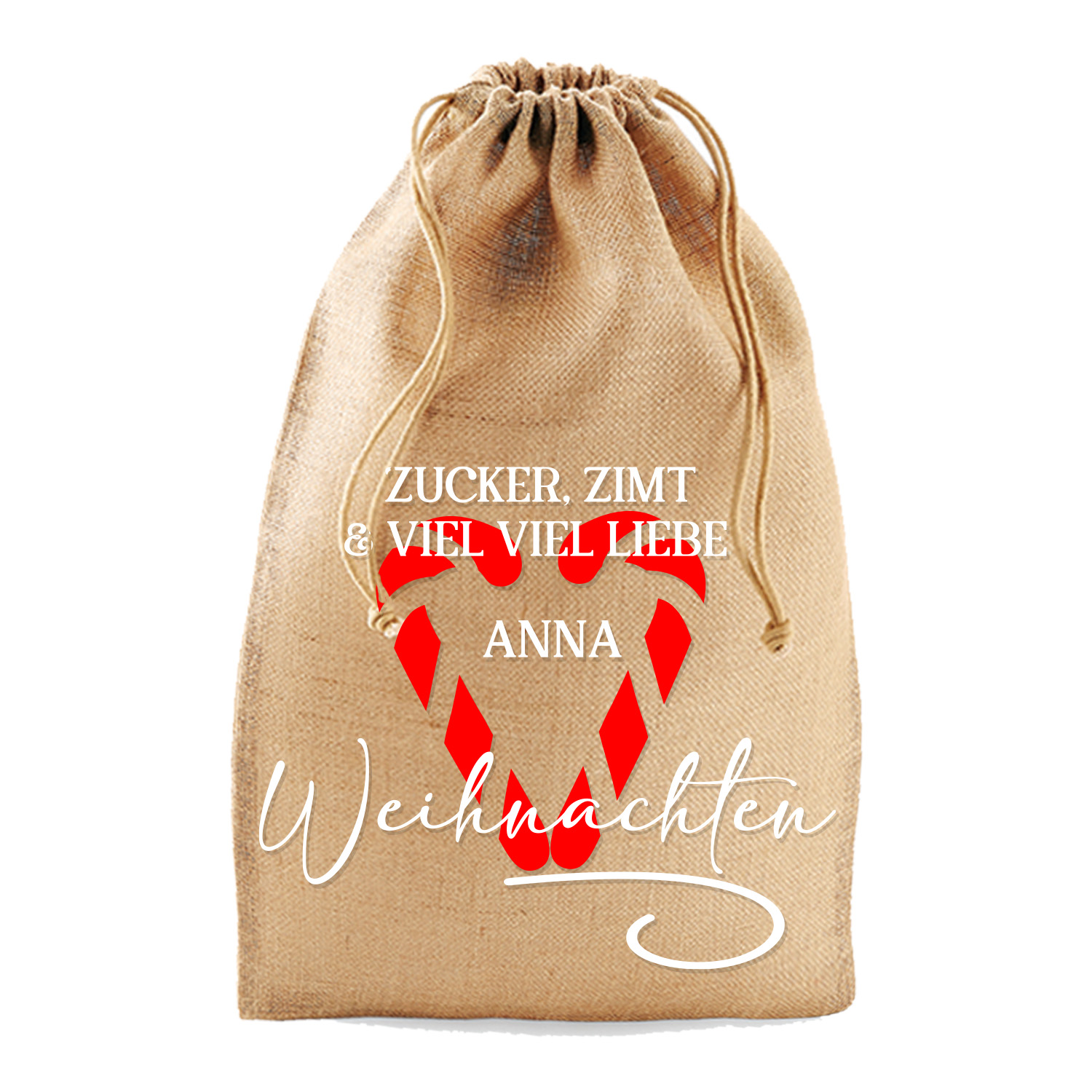 Jute-Sack bedruckt Motiv Candy & Herz Name personalisiert in Größe M oder L 