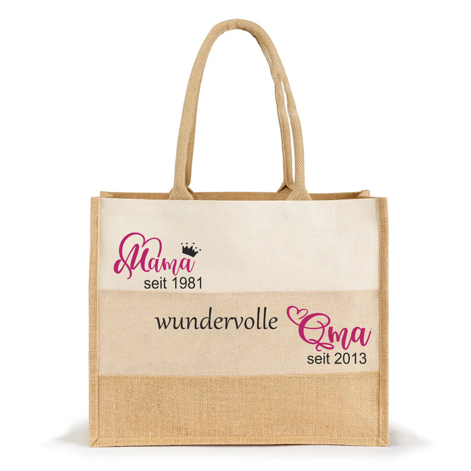 Jute-Tasche 3 farbig Shopper Motiv: Mama seit & Oma seit" | personalisiert Innentasche-Reißverschluss | Fair | hochwertig Größe 35x42x15cm 