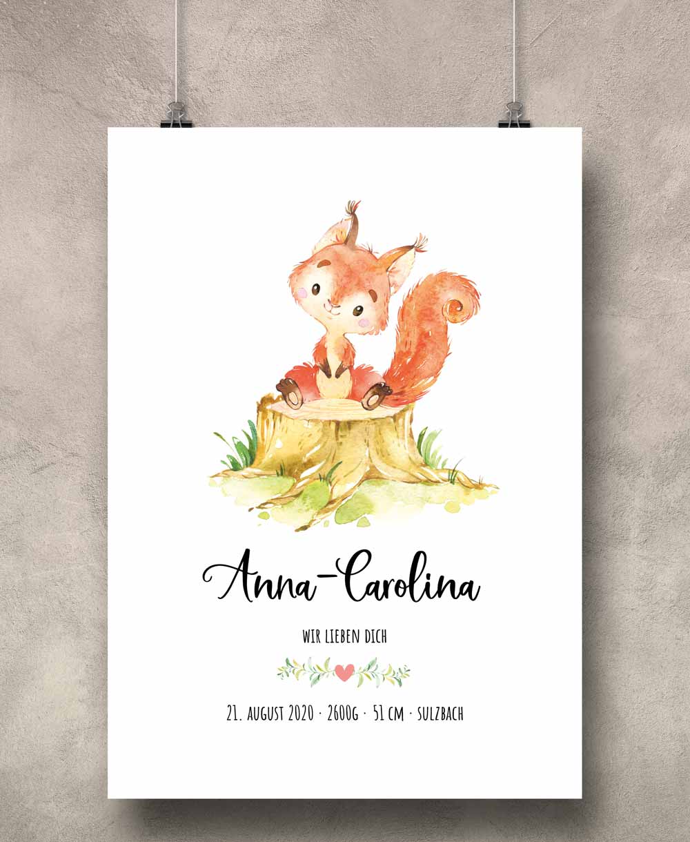 Geburtsposter Geburtsdaten Geburtsanzeige Motiv: Eichhörnchen (personalisiert) Kunstdruck mit Namen A4 & A3 PDF Baby-Geschenk 