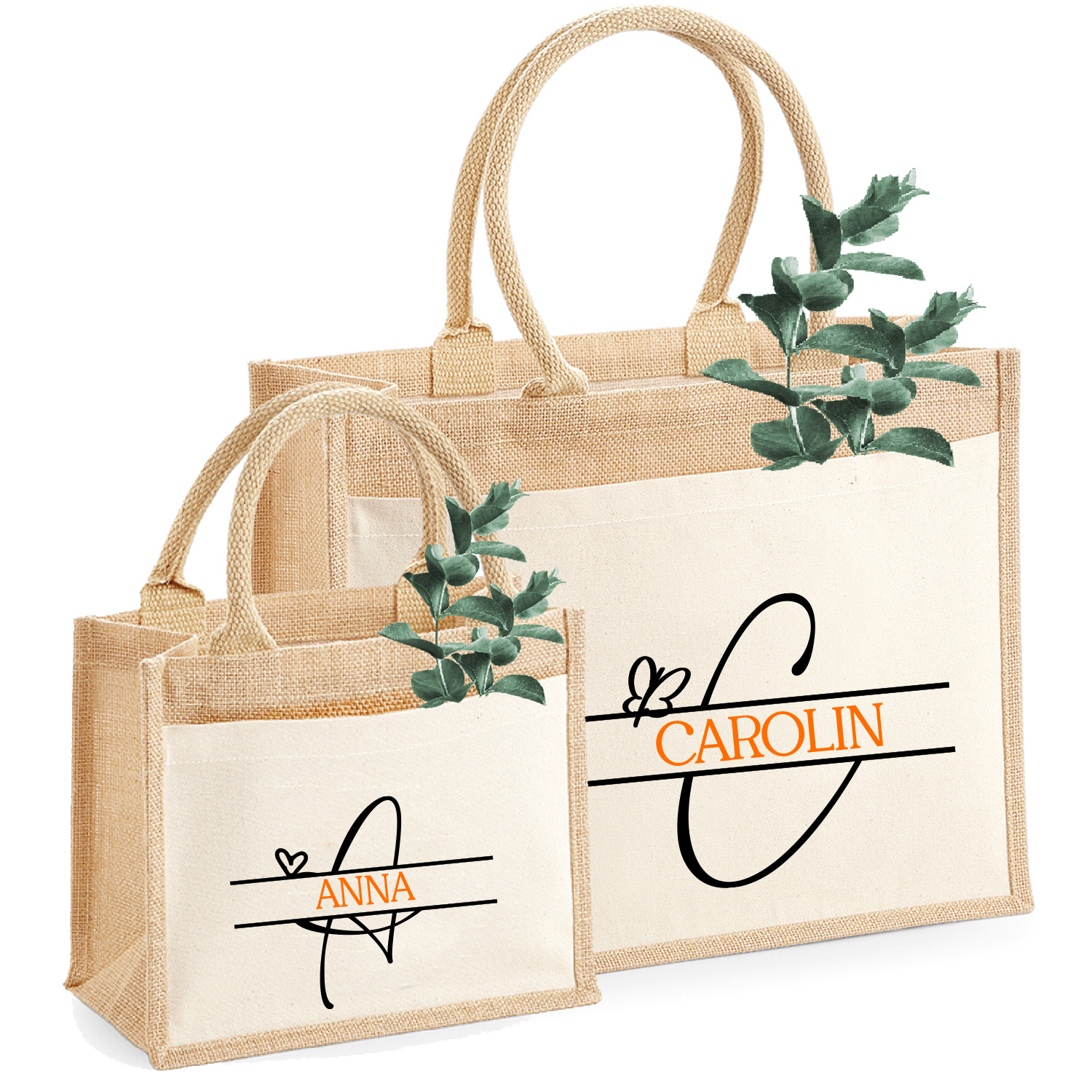  Jute-Tasche Motiv: Initial & Name geteilt personalisiert Wunschname Icon Auswahl| Größe S & M 